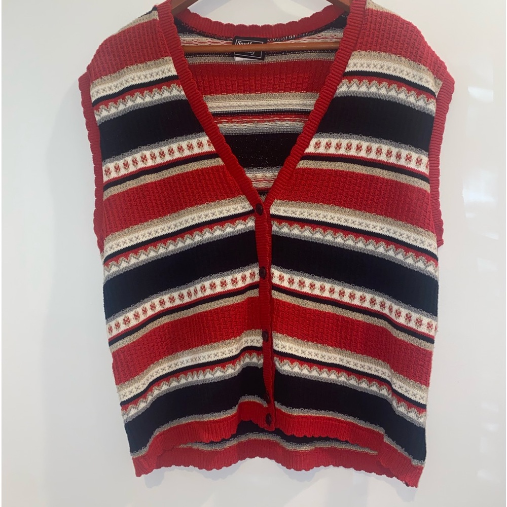 Southern Lady Vintage Knit Button Sweater Vest Red/Black/Cream Fair Isle XL